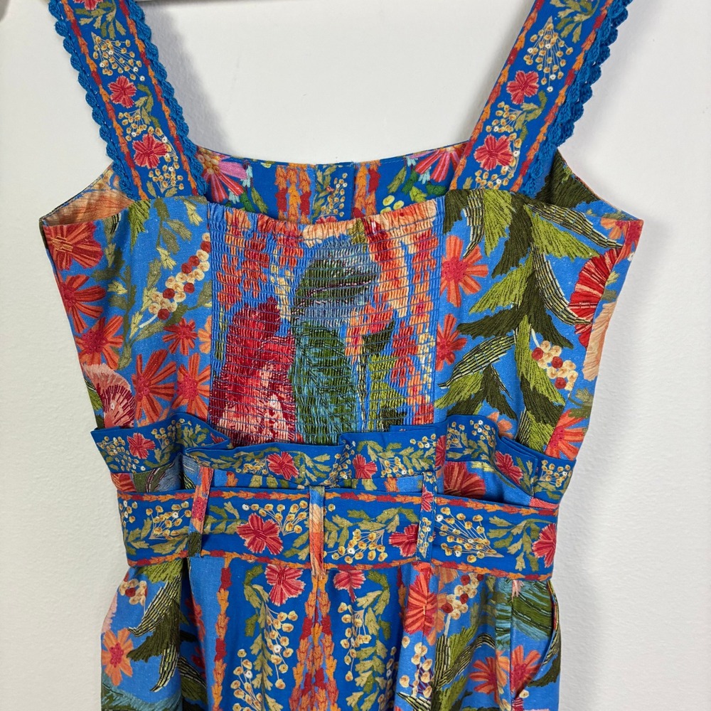 Farm Rio Stitched Garden Blue Linen Romper Women's S Tropical Floral Boho Summer - Picture 6 of 8